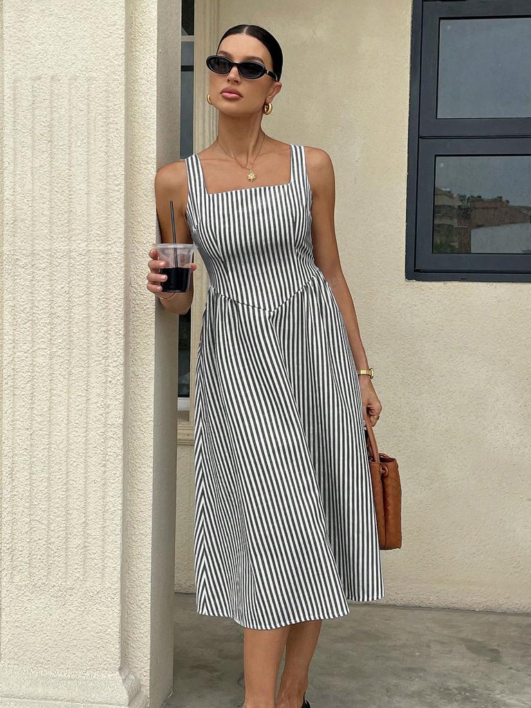 Women's Sleeveless Square Neck Striped Midi Dress