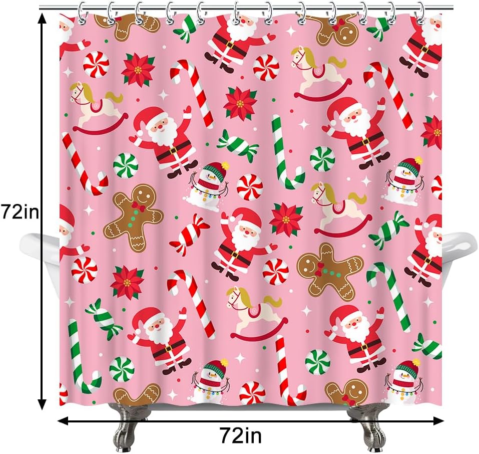 Christmas Gingerbread Man Santa Claus Pink Shower Curtain Candy Cane Snowman Pattern Santa Party Decorations Waterproof Fabric