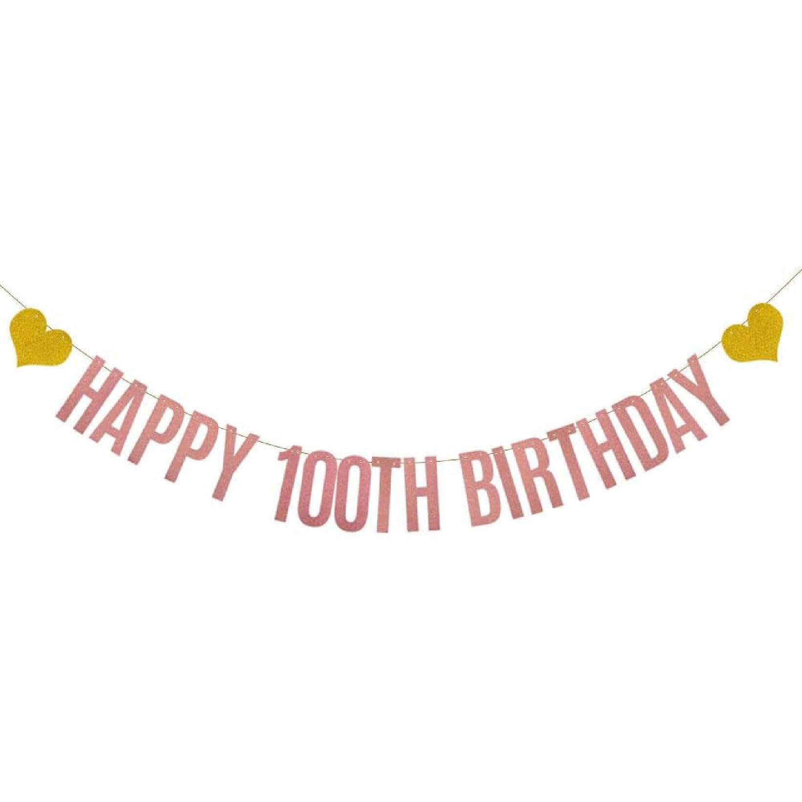 HAPPY 100TH BIRTHDAY Banner,Pre-Strung,Rose Gold Glitter Paper Garlands for Woman s 100 Years Old 100TH Birthday Party Decorations,Letters Rose