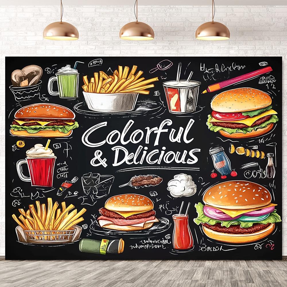 1 brightly painted burger and fries scene backdrop - machine washable perfect for holiday portraits and decorations