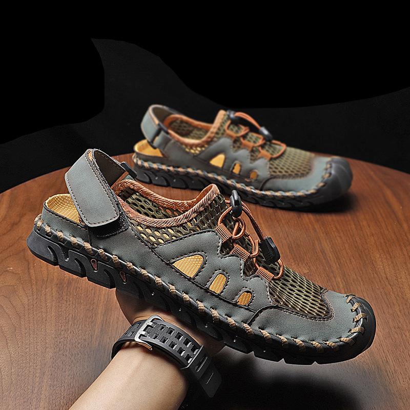 

Летняя новая ручной работы повседневная прохладная кожаная обувь большого размера мужская уличная сетчатая перфорированная пляжная обувь 48