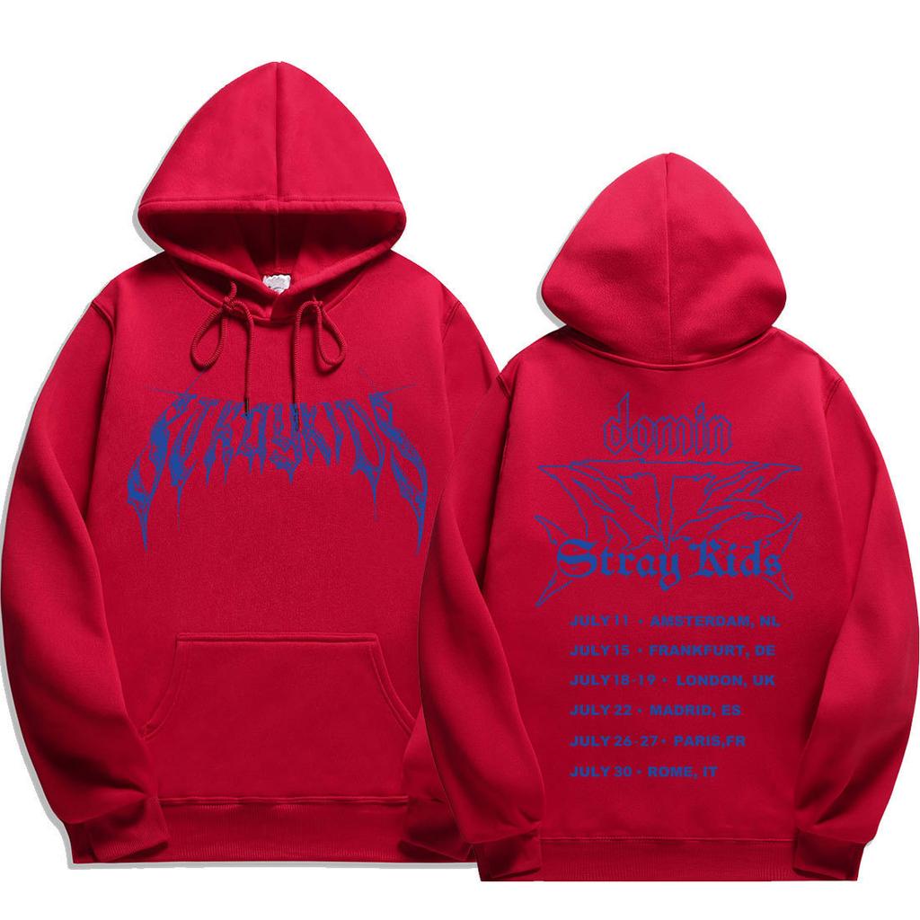 Stray Kids dominATE Europe Tour Blue Death Hoodie, Front Gothic Stray Kids Lettering Wing Graphic Full European Date List Oversized K‑Pop Fan Pullover