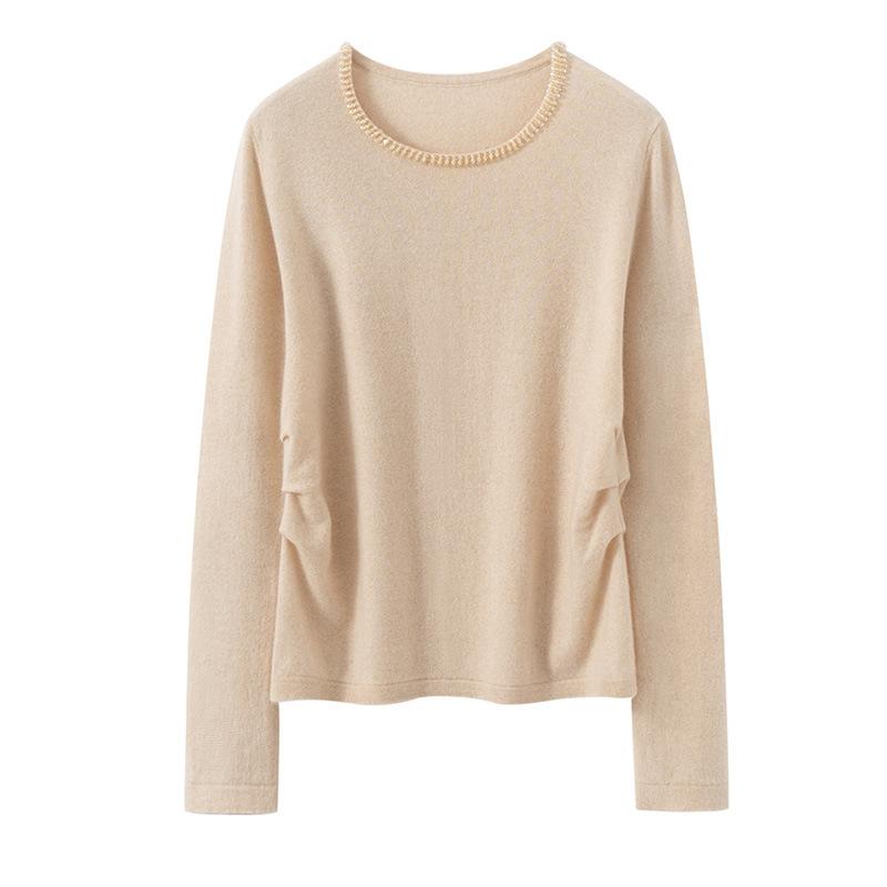 Crew Neck Diamond Waist Design Cashmere Sweater New Versatile Pullover Loose Casual Knitted Cashmere Sweater