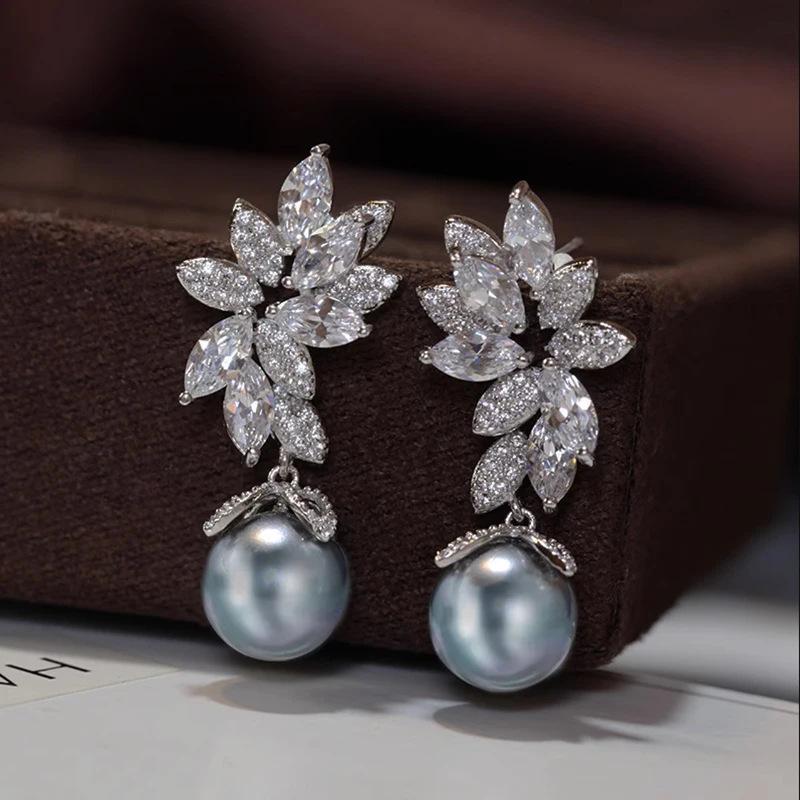 Marquise Clear Stone Leaf Cluster Grey Pearl Drop Earrings Floral Dangle Earrings for Women Wedding Formal Jewelry