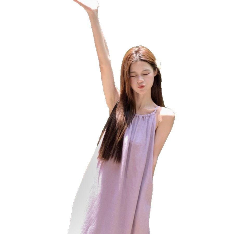 Loose Suspender Dress Women's Summer New Vacation Gentle Long Dress Chic Sleeveless A-word Dress Purple Dress