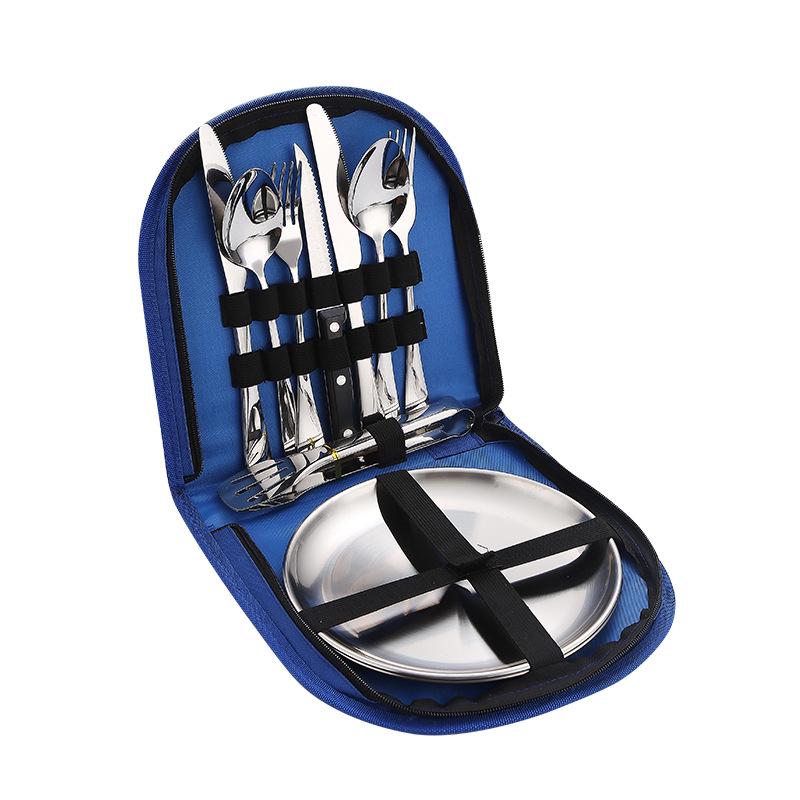 Set de tacâmuri de exterior din oțel inoxidabil cu cuțit, furculiță, lingură și pungă de pânză