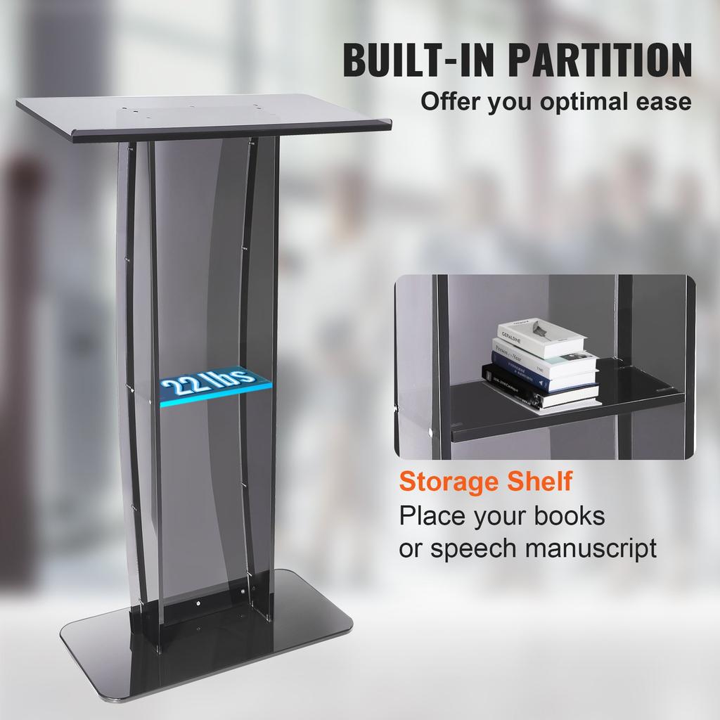 VEVOR Acrylic Podium, 119 cm Tall, Acrylic Podium Stand with Wide Reading Surface & Storage Shelf