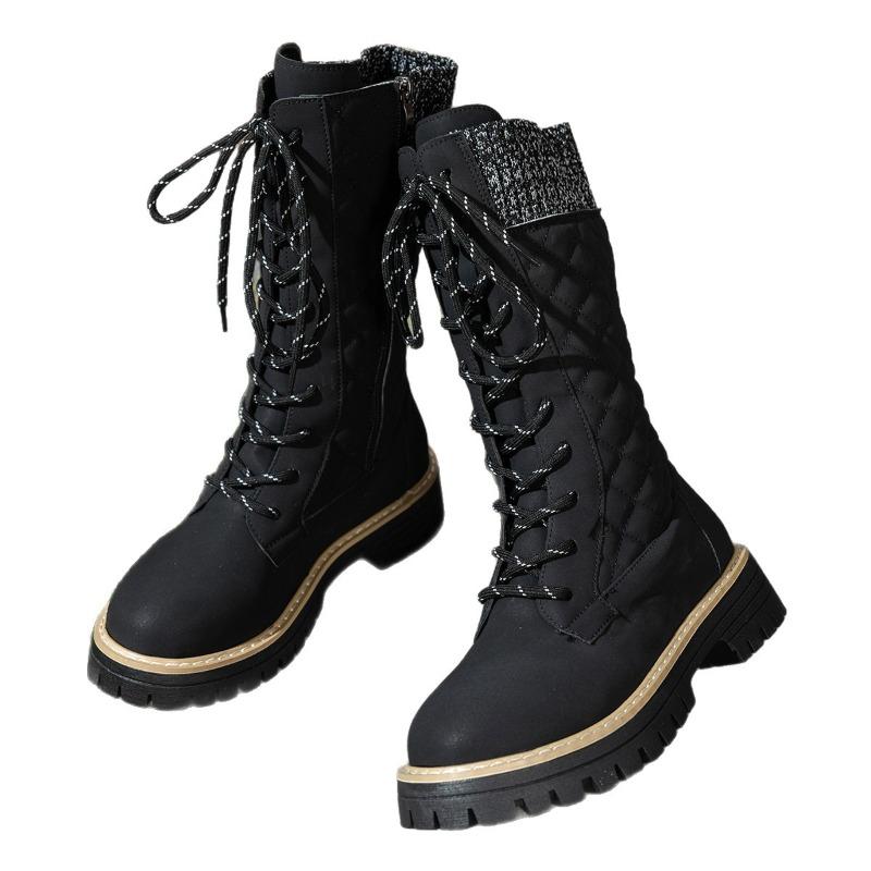 Autumn and Winter Plus Size European and American Cross-border New High-top Front Lace-up Simple Style Thick Heel Women's Boots