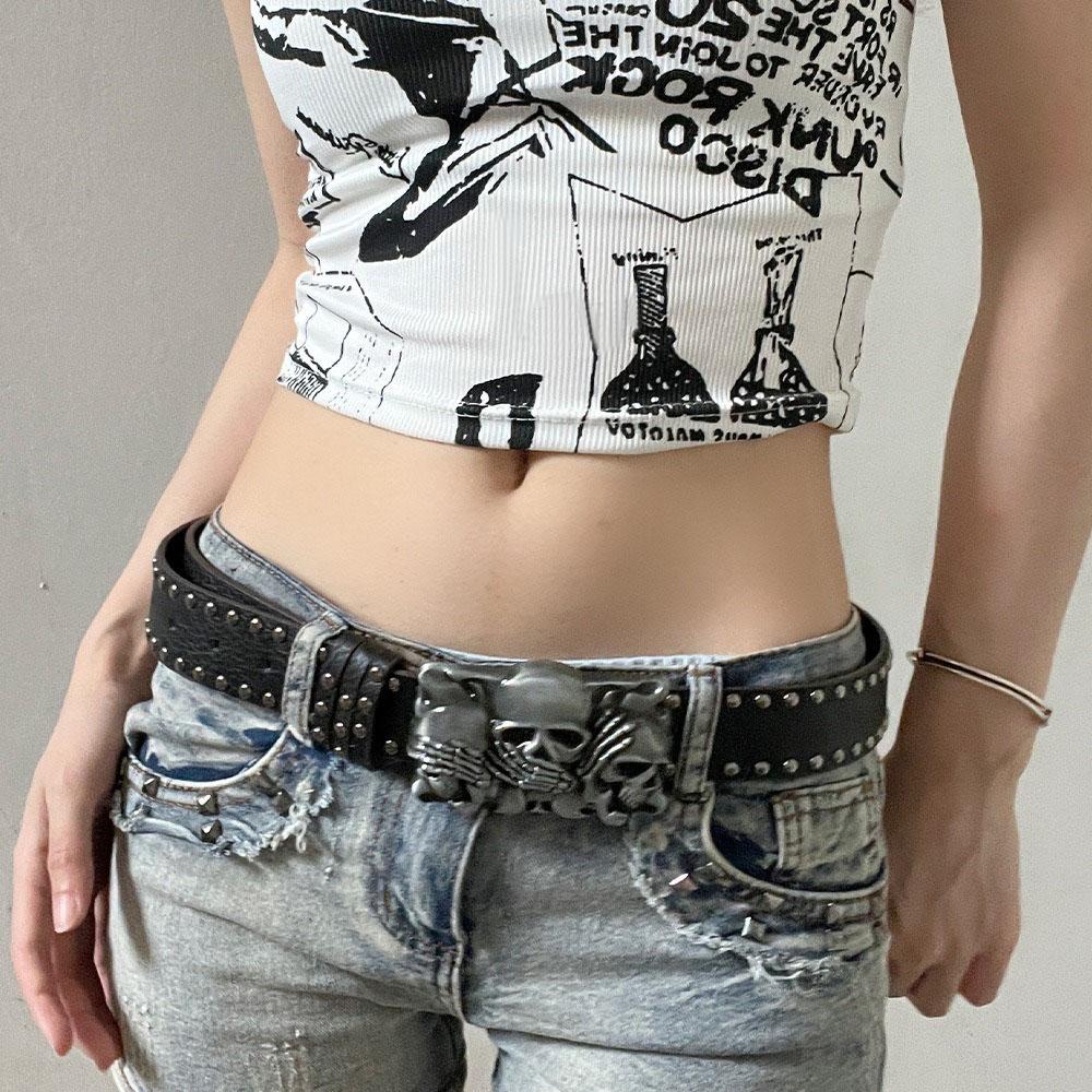 Versatile Skull Belt Casual Snap On Waist Belt Fashion Rivet Belts  Unisex