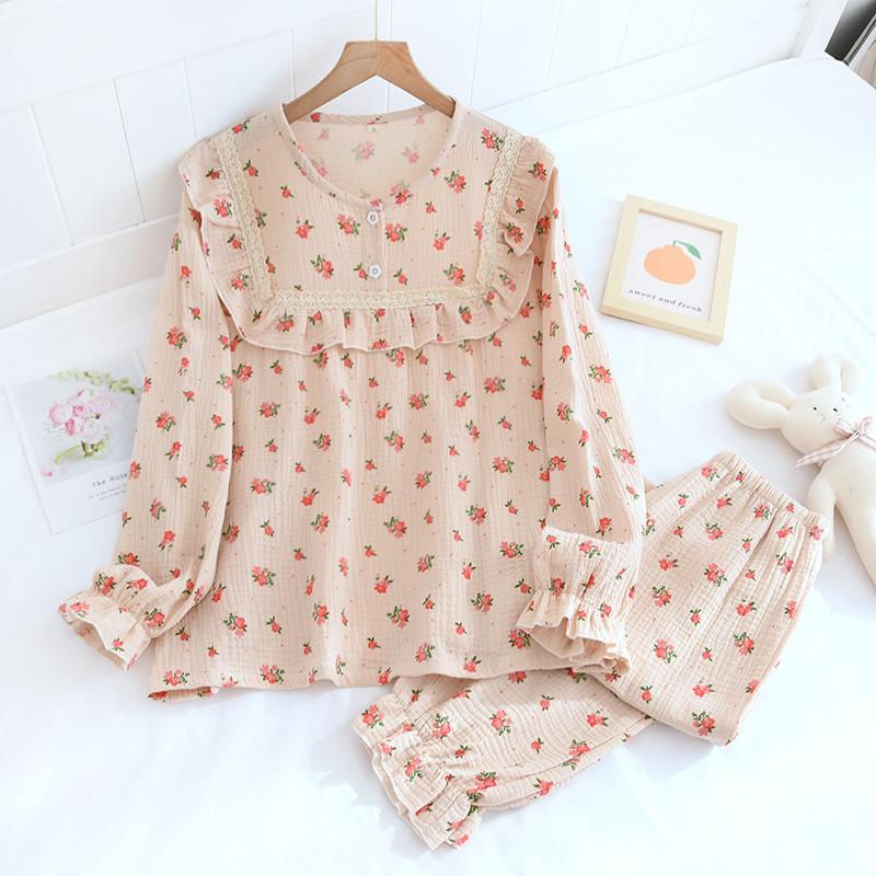 New spring and summer ladies pajamas long-sleeved trousers two-piece cotton crepe large size flower pullover home service suit