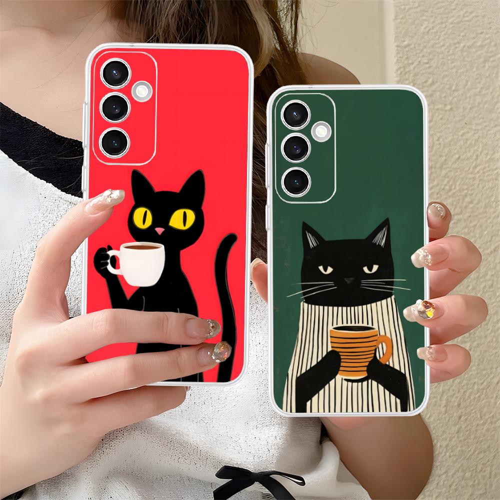 Cute Coffee Cat Clear Mobile Phone Case for Samsung Galaxy S25 S24 S23 S22 S21Plus FE Ultra Colorful Cover