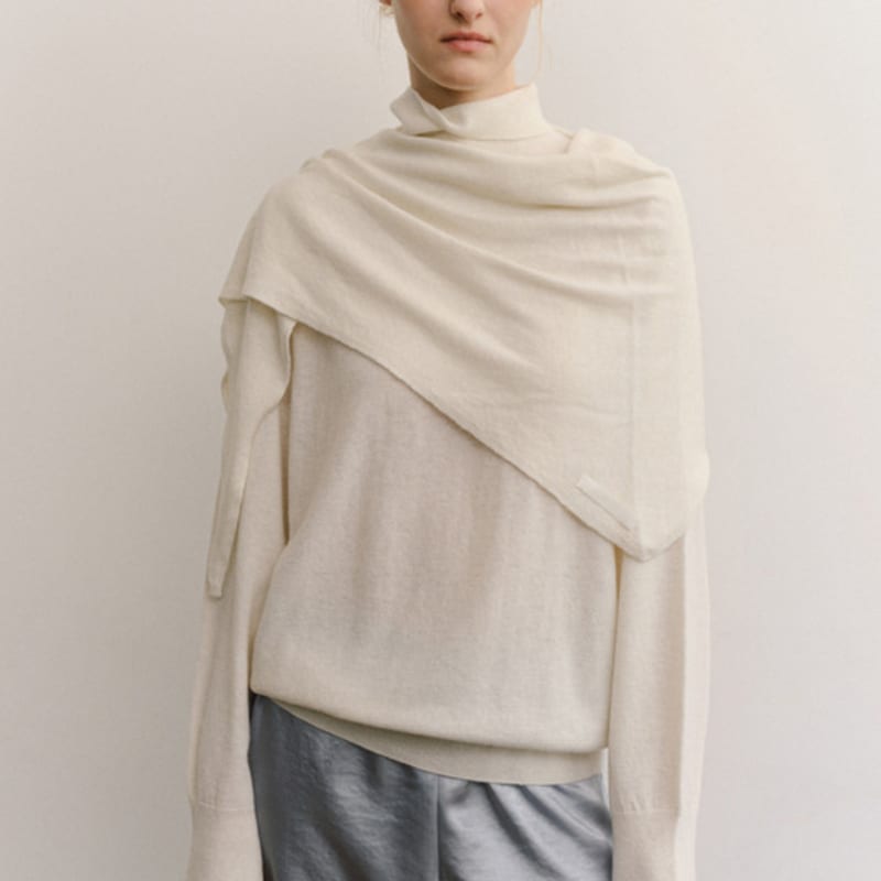 ovbeige SOFT CASH WOOL KNIT SHAWL_IVORY