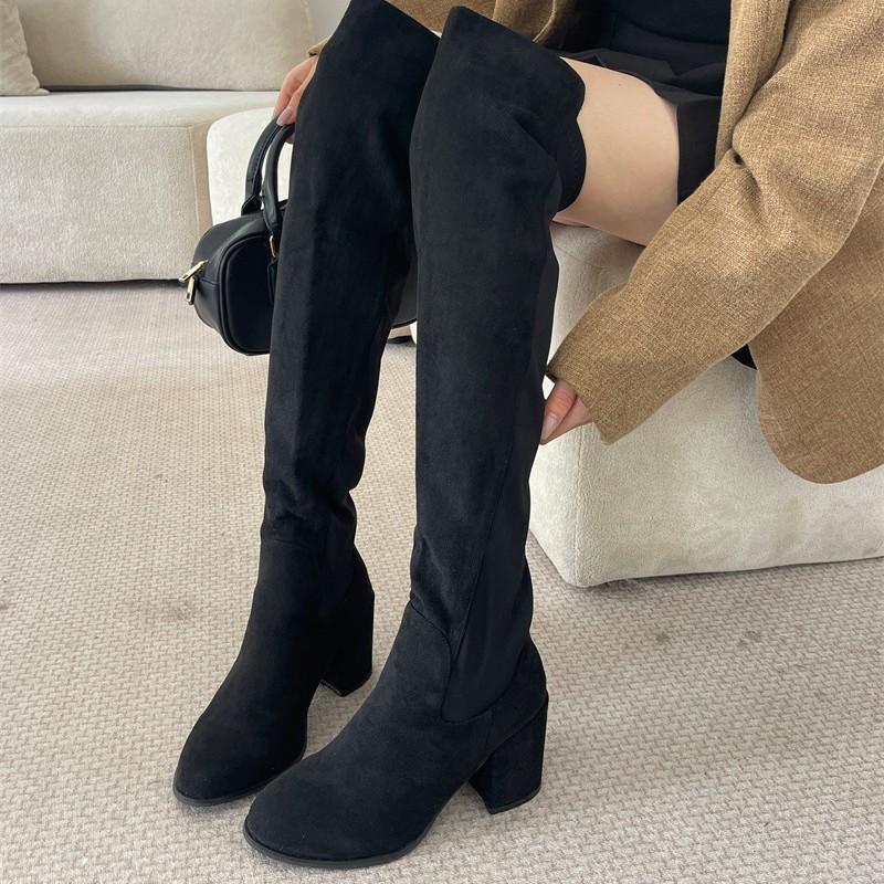 

2 knee boots women s boots 2025 spring and autumn high heels round head boots high elastic boots winter legs long 43 темно-коричневого