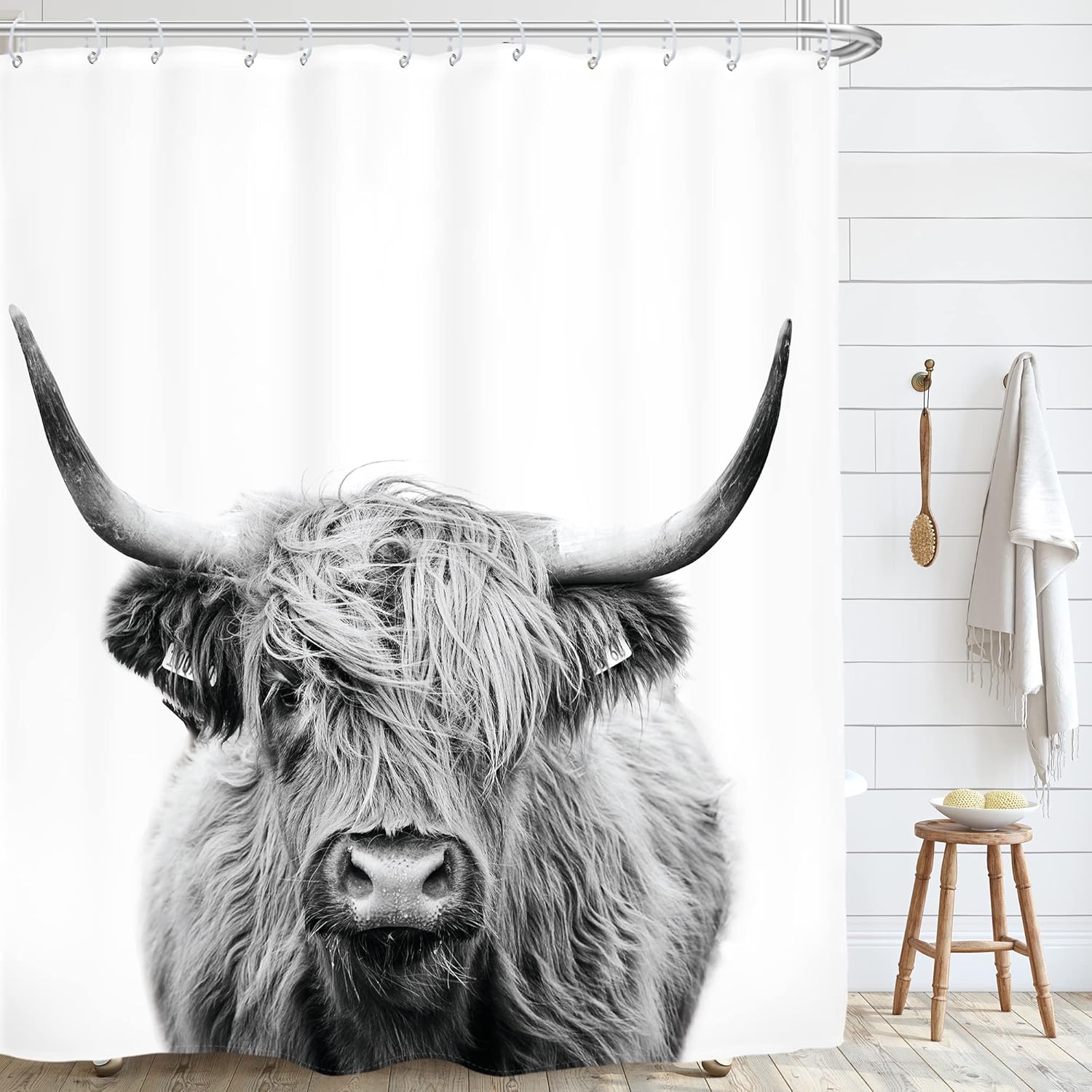 Jessica Chen Grey/White Highland Cow Shower Curtain, Rustic Bull Portrait Farmhouse Animal Fabric Bath Decor With 12 Hooks, 1Pc