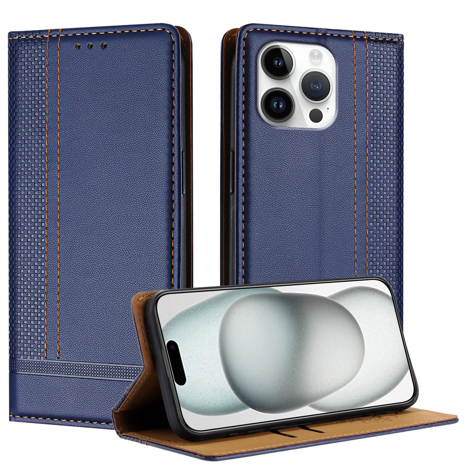 

For iPhone 16 Pro Max Case L-Shaped Grid Pattern Leather Stand Phone Cover with Card Slots Blue