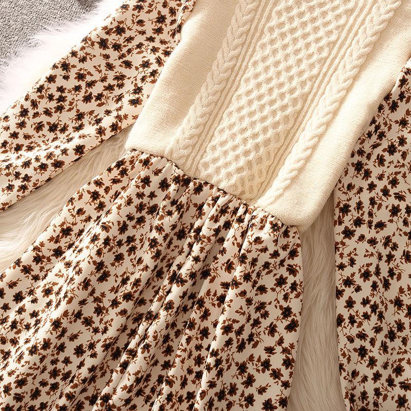 Herbst Neue Oansatz Patchwork Twist Cord Elegante Dame Gestrickte Blumendruck Kleid Frauen Laterne Hülse Schärpen Bogen Midi Kleid