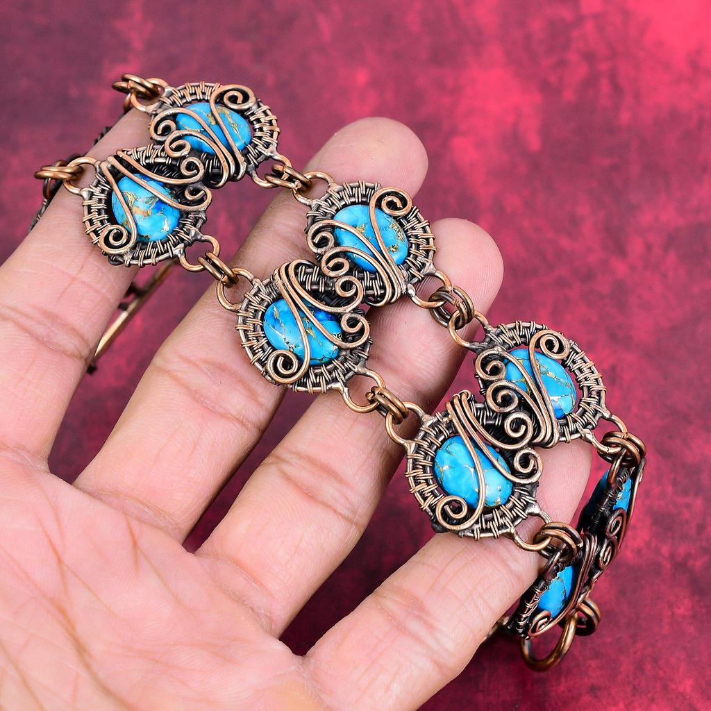 Copper blue turquoise bracelet copper wire wrapped adjustable chain bracelet natural gemstone handmade bracelet copper jewelry gifts for mom