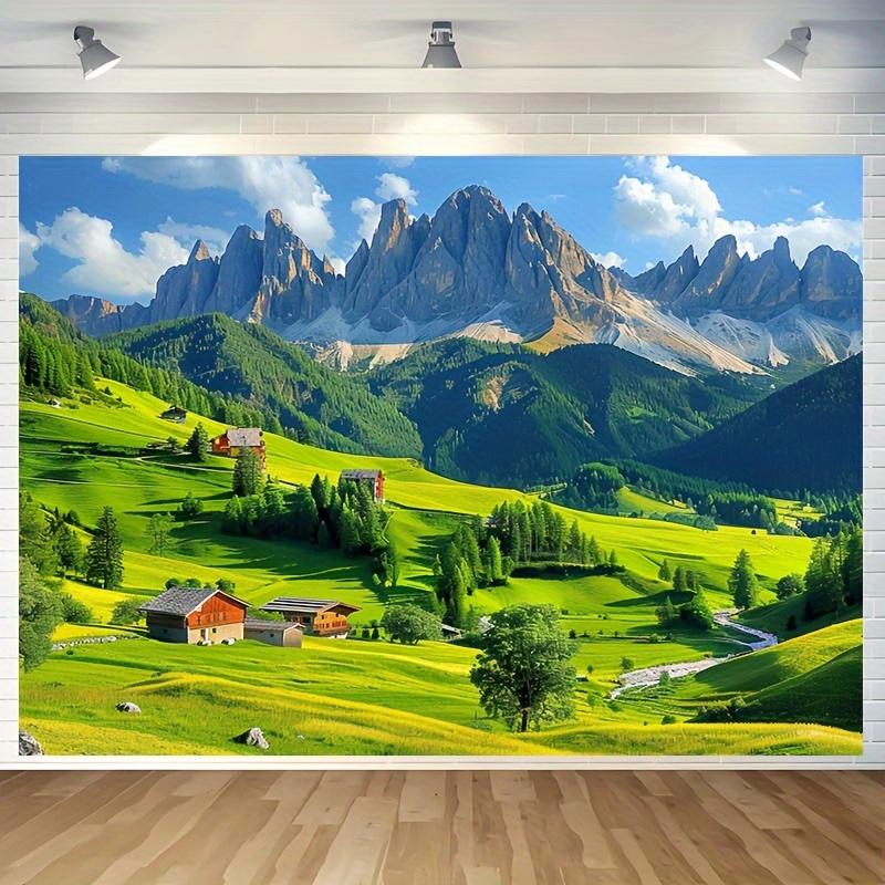 A wall with a tapestry depicting the Swiss Alps - featuring snow-capped mountains lush green grass and farmhouses together