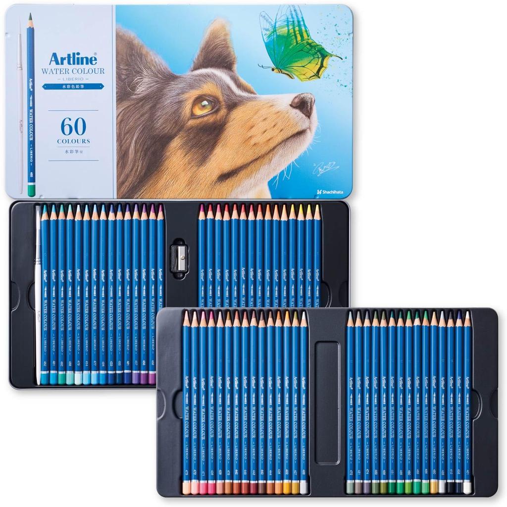 Shachihata Artline LIBERIO Watercolor Set with Watercolor Brush and Sharpener Pencils, 60-Color (KCPL-W60C/H)
