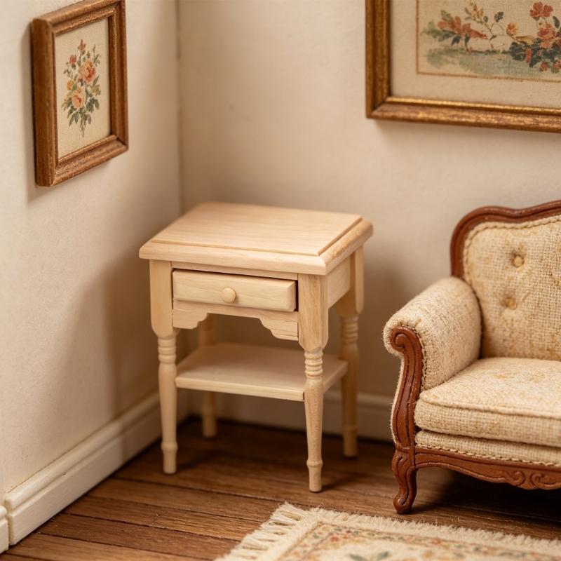 1:12 Scale Bedside Table For Doll House Bedroom Display Unfinished Miniature Wood Doll House Nightstand for Painting