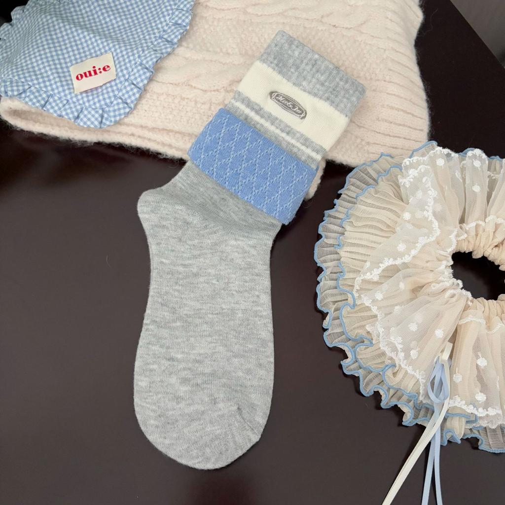 Ladies Autumn Winter Thick Warm Bow-dotted Wool Mid Tube Socks
