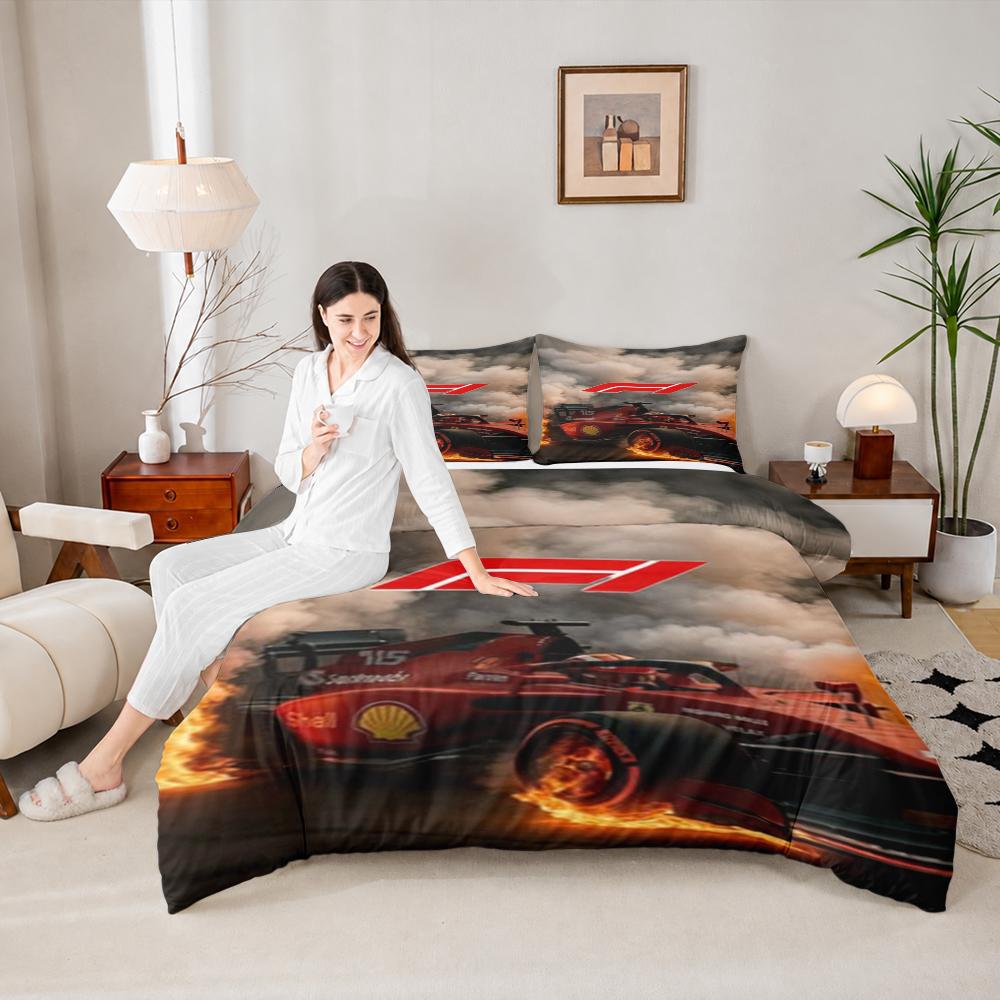 Duvet Cover Pillowcase Bedding Set F1 Ferrari Car Fire Smoke Burnout Racing Kids Room Decor