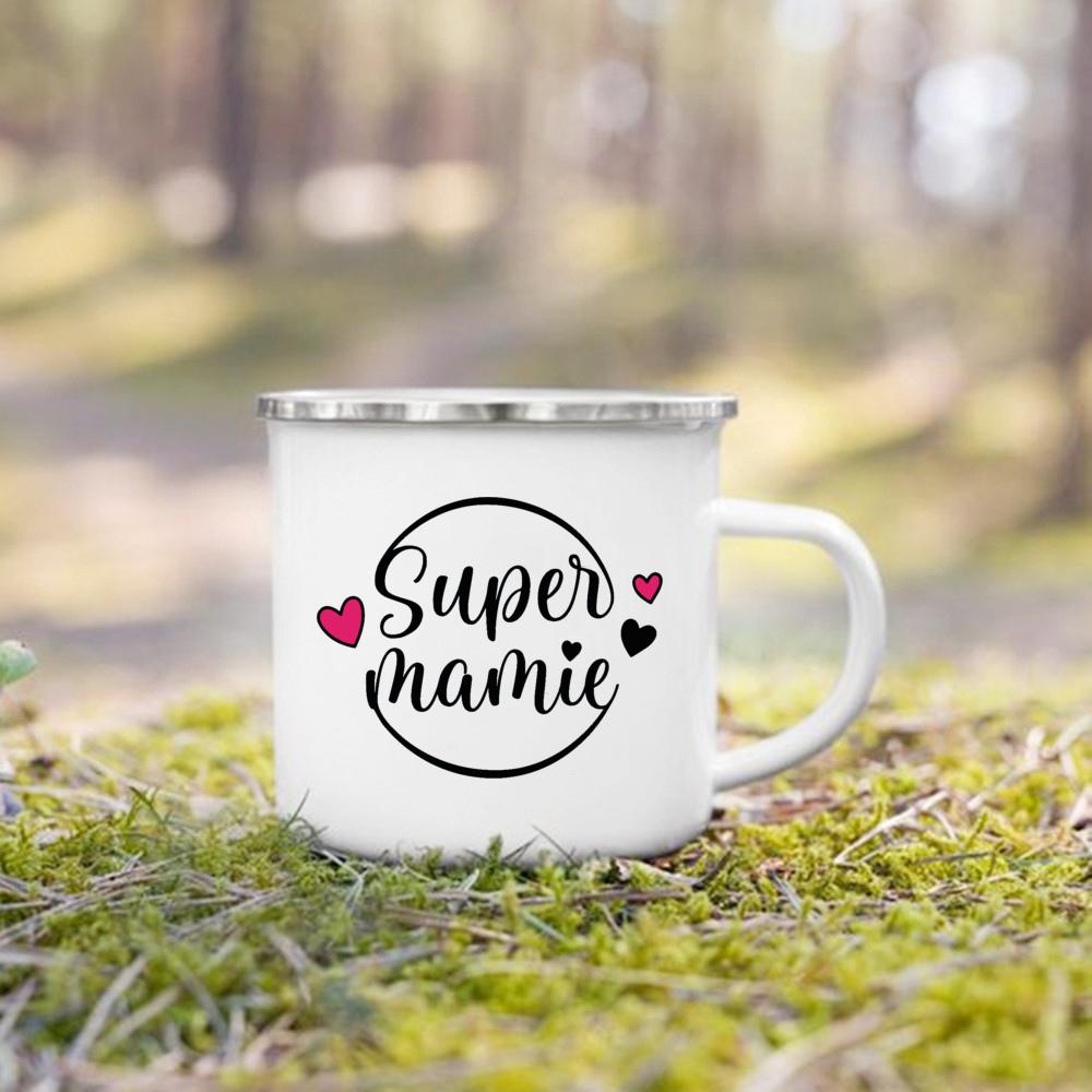 Super Papy Mamie Print Enamel Mug Creative Coffee Cups Drinks Water Milk Cup Enamel Mug Home Drinkware Gifts for Grandma Grandpa