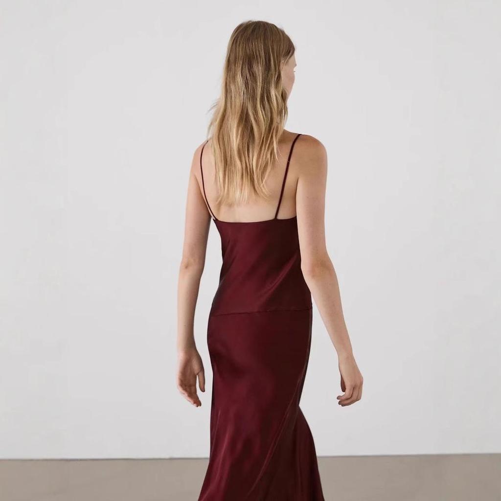 European & American Women's Autumn Burgundy Draped Sling Dress - Elegant & Lazy French Style