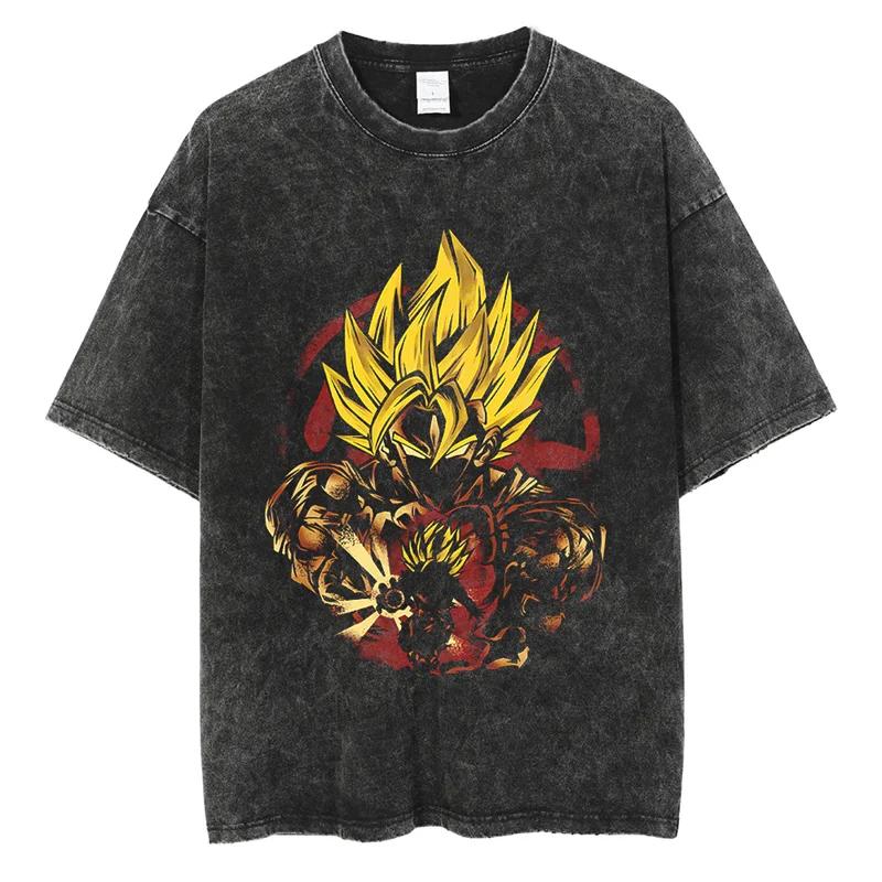 Men Fashion Tshirt Washed Black Vintage Japanese Anime Dragon Ball TShirt Hip Hop Streetwear Summer Cotton T Shirt Unisex