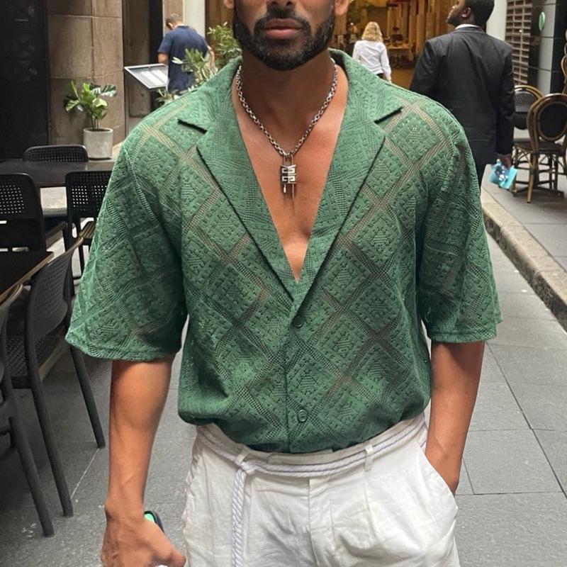 Summer New Hollow Out Casual Men s Short Sleeve Tops Versatile Breathable Shirt M зелёный