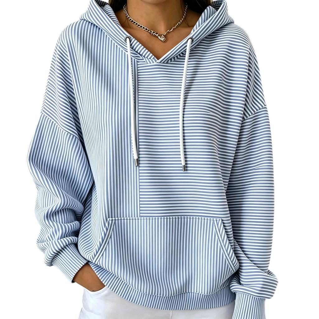 Women's Loose Fit Hooded Striped Long Sleeve Pullover with Pockets