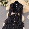 2025 French Women's Dress High-end Fungus Edge Splicing Single-breasted Waist Lace Embroidered Dress