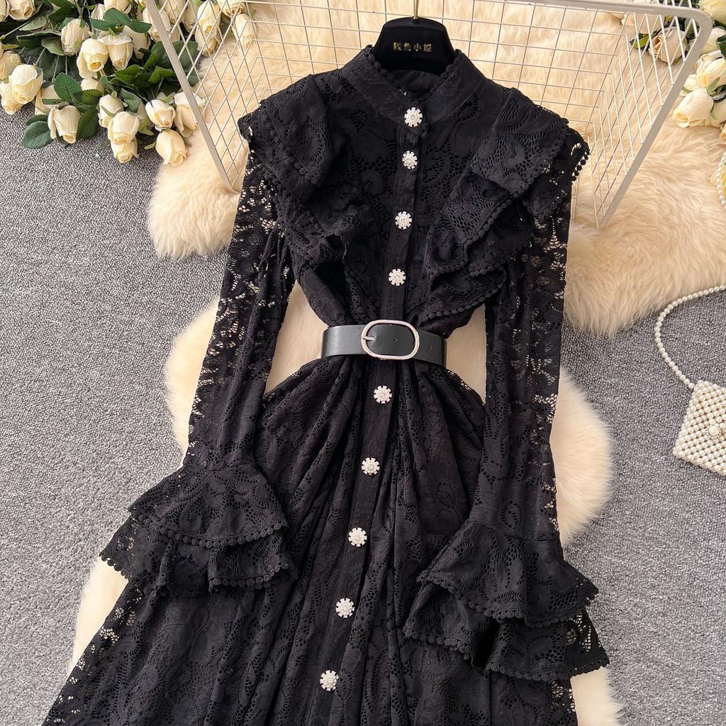2025 French Women's Dress High-end Fungus Edge Splicing Single-breasted Waist Lace Embroidered Dress