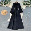 French Gentle Wind Horn Sleeve Three-dimensional Flower Embroidery Long-sleeved Dress Color High Waist Waist Thin A-shaped Skirt