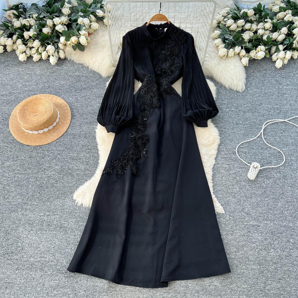 French Gentle Wind Horn Sleeve Three-dimensional Flower Embroidery Long-sleeved Dress Color High Waist Waist Thin A-shaped Skirt