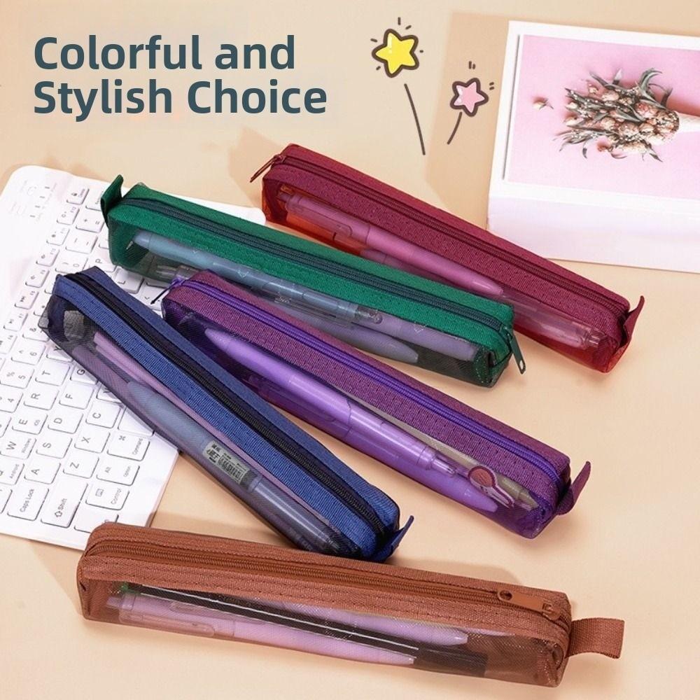 5Pcs Portable Pencil Storage Bag Casual Zipper Stationery Pouch Trendy Mesh Pencil Case Student
