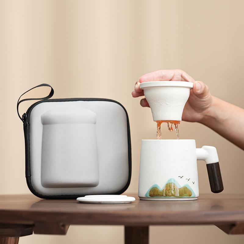 Company Business Coarse Pottery Qingshan Flying Bird Teacup Set Ceramic Office Cup Annual Meeting Gift Practical High-end Souvenir