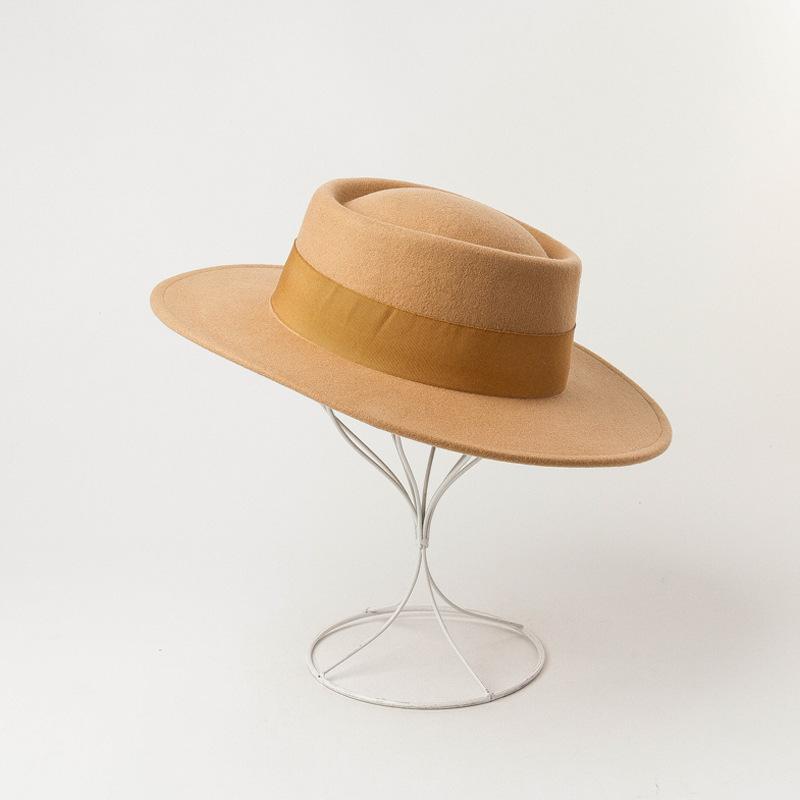 Neuer ringförmiger flacher Wollfilz-Zylinderhut mit breiter Krempe, Damenmode Frühling, Herbst und Winter flacher Wollzylinderhut