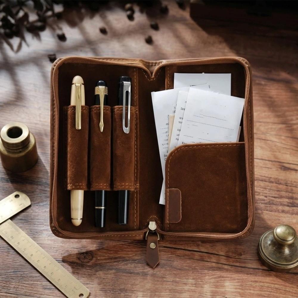 Top Layer of Cowhide Cowhide Pen Case Zipper Closure Card Holder Pen Pouch Handmade Large Capacity Pen Holder Organizer