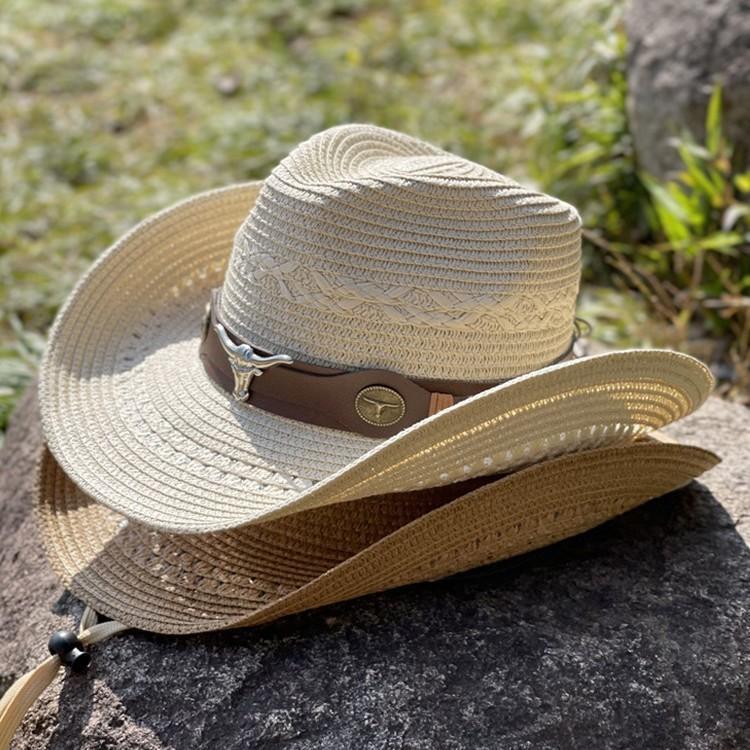 Bull head belt straw hat men and women spring and summer travel visor hat big brim western cowboy hat Tibetan straw jazz hat