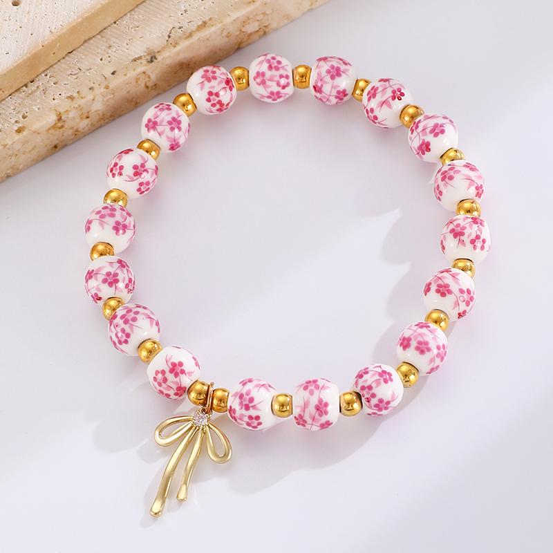 Handmade Bow Blue White Ceramic Bracelet Chinese Adjustable Elastic Rope able Girl Pendant Bracelet Accessories Gift