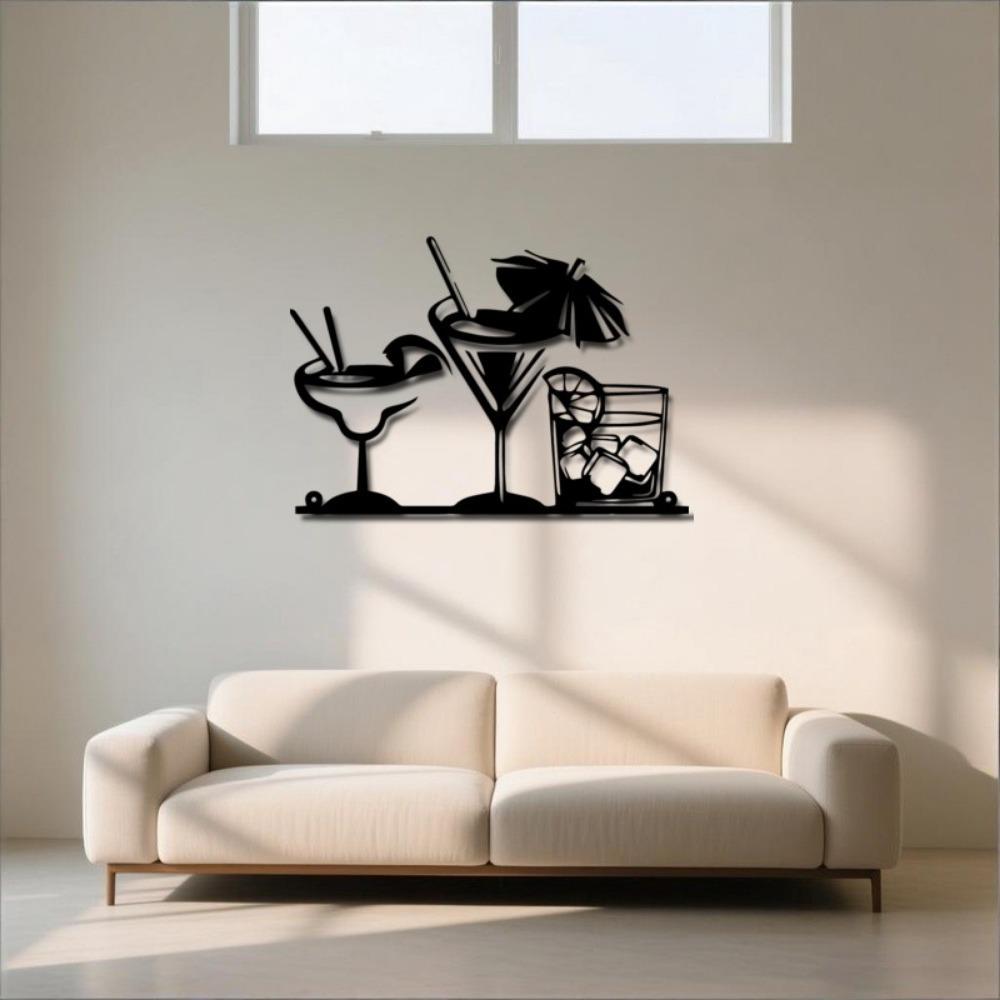 1 st Modern Metalen Wijnglas Muurkunst, Cocktail Thema IJzeren Beeldhouwwerk, Duurzaam Horizontaal Home Bar Decor voor Schouw, Plank, Man Cave, Feest