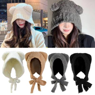 Cartoon Bear Ear Hat for Adult Women InsStyle Soft Ear Flap Beanie Cap Outdoor Sports Hooded Hat Breathable Bonnet Hat