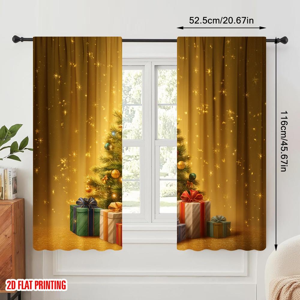 2pcs,2D Plane Printing Curtains Digital Printed Classic Christmas Tree and Gifts Polyester Fabric (without Rod) Festive Ldeal