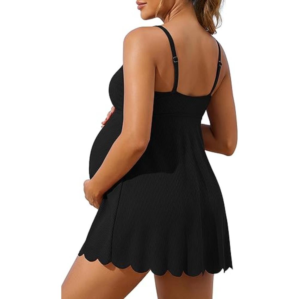 CHARMLEAKS Ribbed Maternity Swimsuit One Piece Swim Dress Scalloped V Neck Pregnancy Bathing Suit Skirt Swimwear