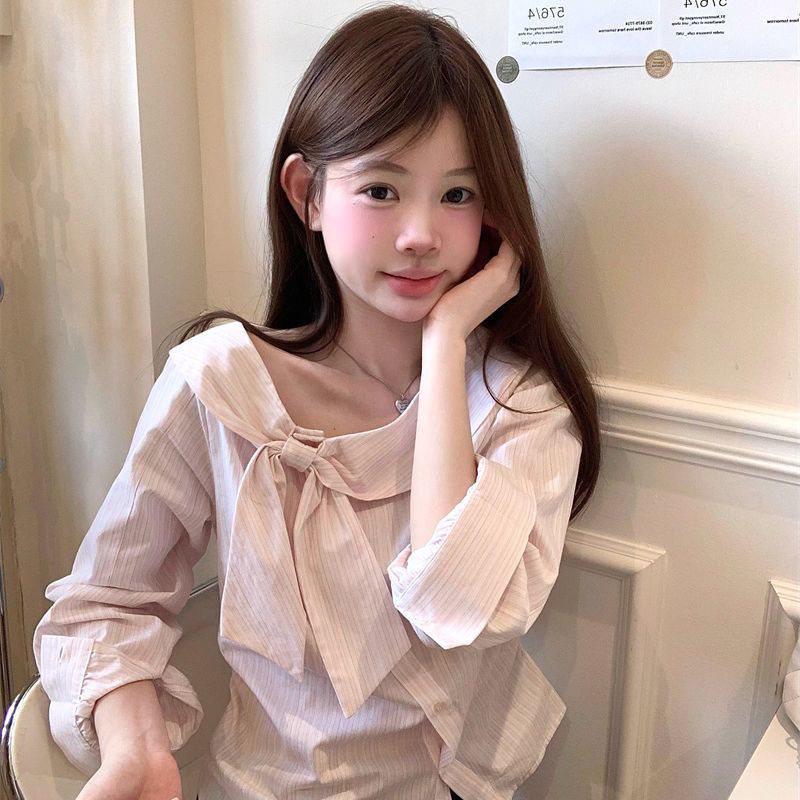 

Women s Long-Sleeve Striped Shirt with Sweet Bow Design - Irregular Hem, Age-Reducing, Autumn Fashion Top L