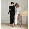 French Style White Crew Neck Dress Women Slim Waist Pleated Slit A-Line Long Sleeve