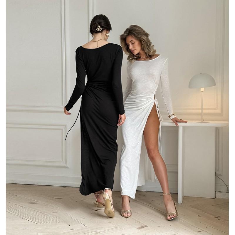 French Style White Crew Neck Dress Women Slim Waist Pleated Slit A-Line Long Sleeve