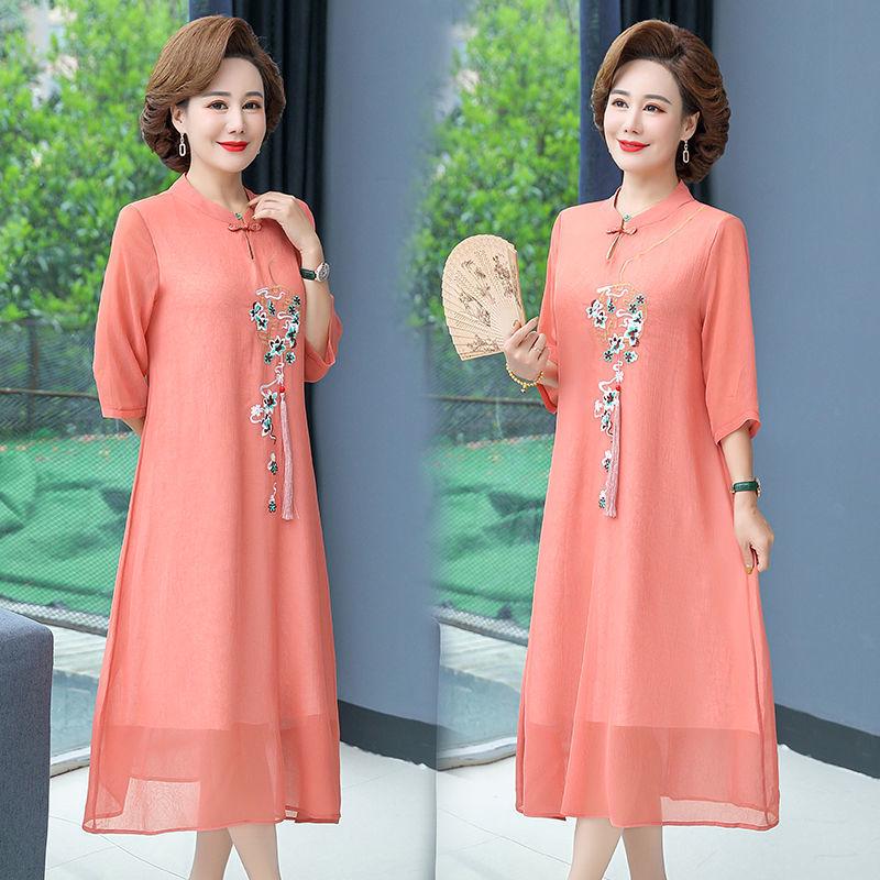 2022 Embroidered Chiffon Cheongsam Hanfu Dress - Summer Ethnic Style for Middle-Aged & Elderly Mothers
