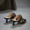 Johnature Temperament Spitse Neus Dunne Hak Slippers Echt Leer Modieus Veelzijdige Dames Slip-on Schoenen